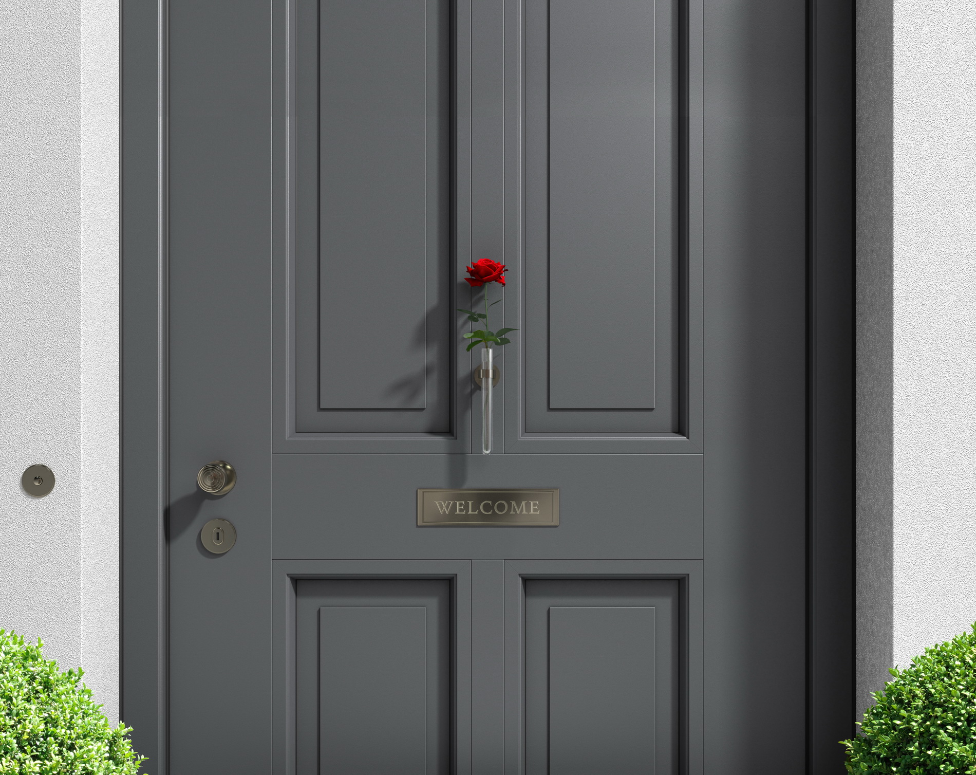 metaphorical welcome image showing a classical door with welcome sign and a red rose - rendering